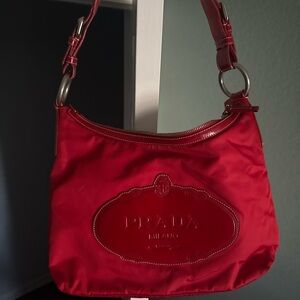Prada Red Nylon Shoulder Hobo Bag with Leather Trim